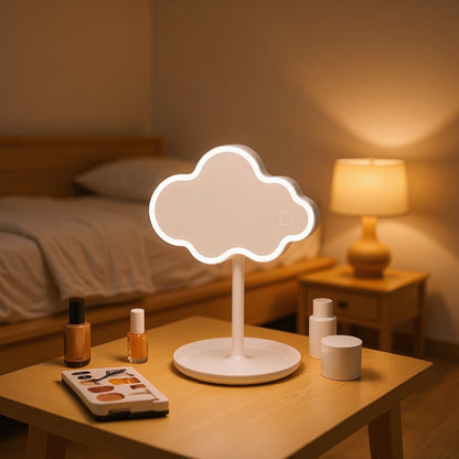 Blue Cute Cloud Shaped LED Makeup Mirror Desktop Vanity Light with Storage Tray 360 Rotation Cordless Cosmetic Beauty Tool - Image 2