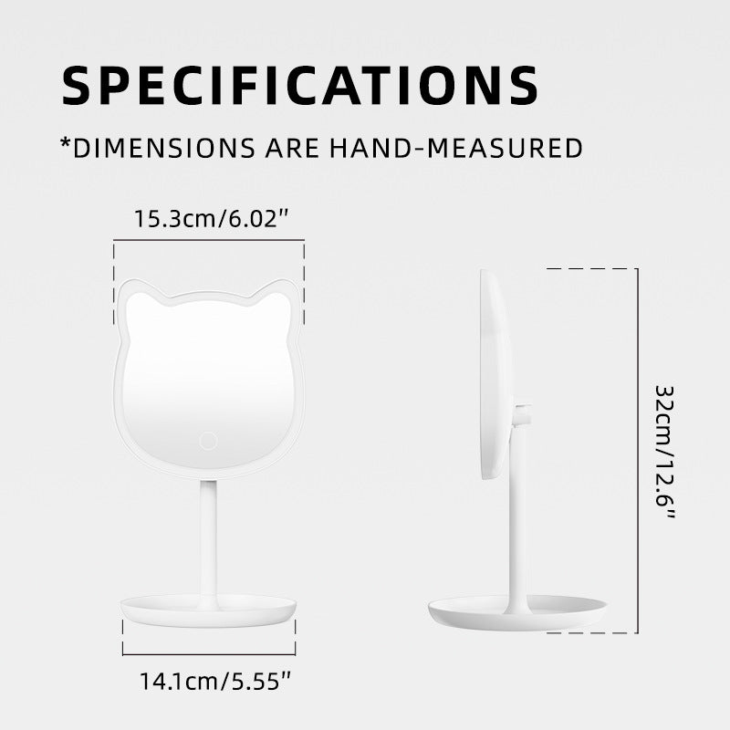 Cute Cat Ear LED Makeup Mirror Desktop Vanity Light with Storage Tray Adjustable Angle Cordless Cosmetic Beauty Tool for Teens - Image 3