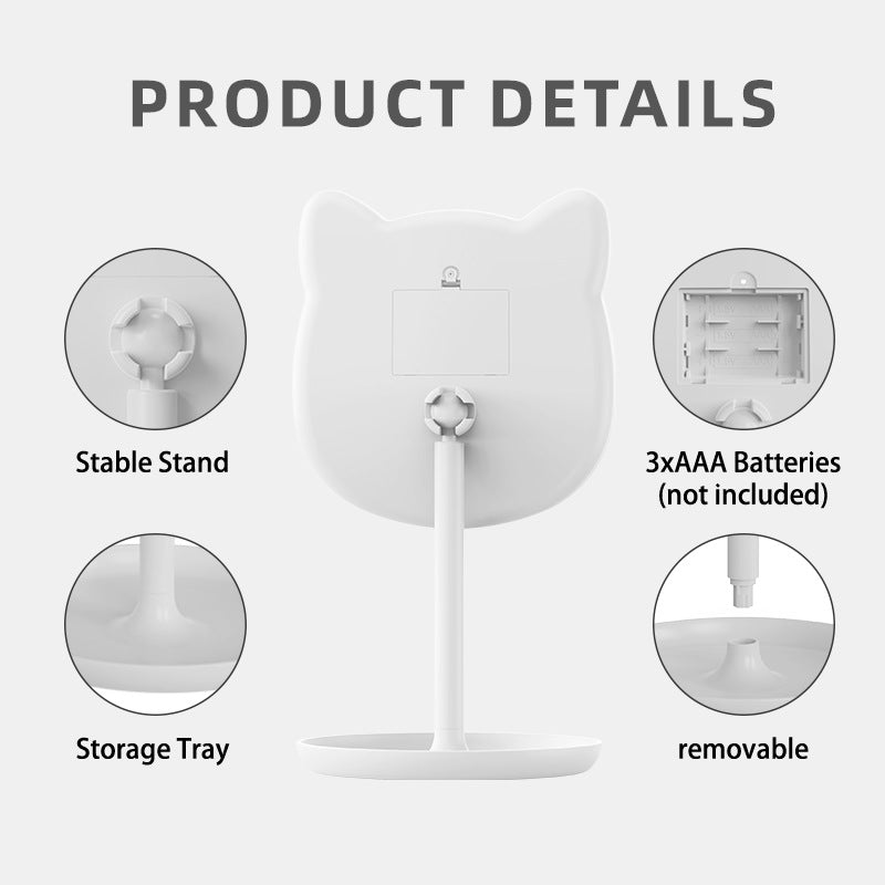 Cute Cat Ear LED Makeup Mirror Desktop Vanity Light with Storage Tray Adjustable Angle Cordless Cosmetic Beauty Tool for Teens - Image 4