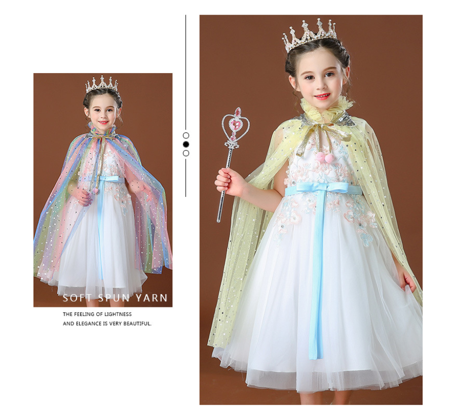 Pink Girls Rainbow Princess Costume Cape Set with Tiara Wand Gloves and Jewellery Sequin Star Tulle Cloak for Book Week and Dress Up - Image 3