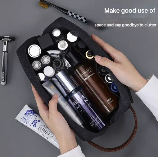 Khaki Men's Vintage Canvas Toiletry Bag PU Leather Accent Travel Wash Pouch Large Capacity Shaving Kit Organiser - Image 3