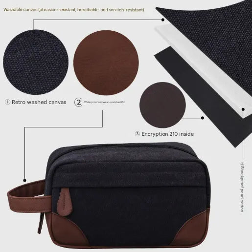 Navy Blue Men's Vintage Canvas Toiletry Bag PU Leather Accent Travel Wash Pouch Large Capacity Shaving Kit Organiser - Image 2