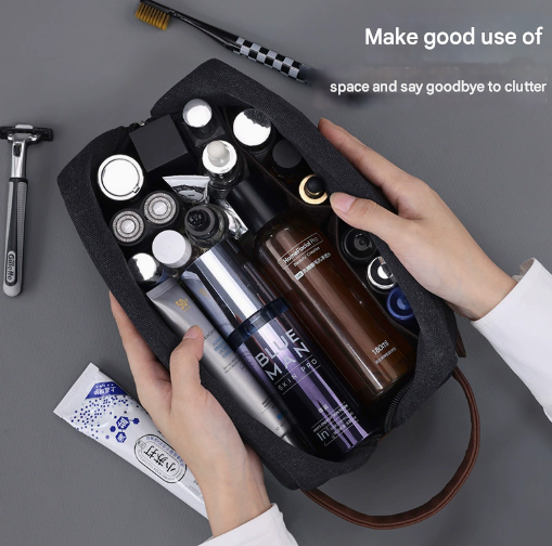 Navy Blue Men's Vintage Canvas Toiletry Bag PU Leather Accent Travel Wash Pouch Large Capacity Shaving Kit Organiser - Image 3
