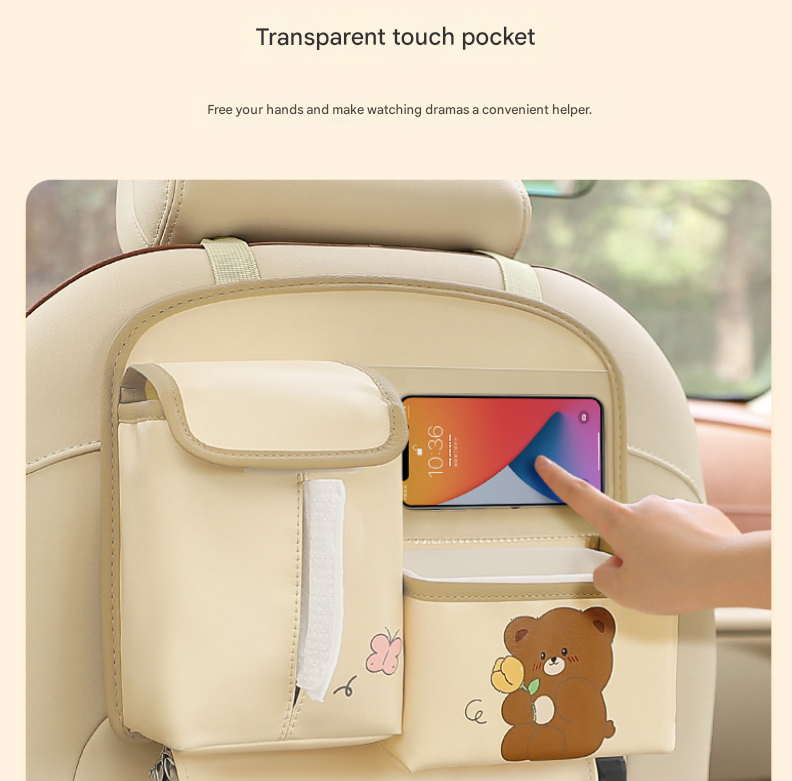 Brown Cute Bear Car Back Seat Organiser PU Leather Hanging Storage Pouch with Tissue Box Holder and Umbrella Strap Universal Travel Accessory - Image 3