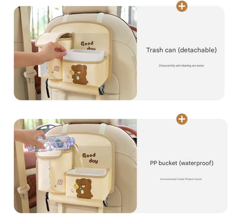 Brown Cute Bear Car Back Seat Organiser PU Leather Hanging Storage Pouch with Tissue Box Holder and Umbrella Strap Universal Travel Accessory - Image 4