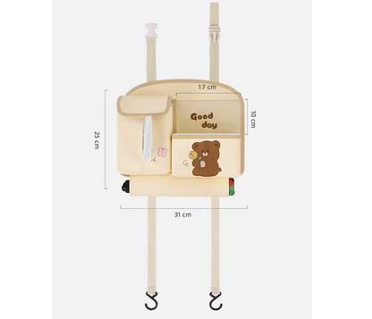 Pink Cute Bear Car Back Seat Organiser PU Leather Hanging Storage Pouch with Tissue Box Holder and Umbrella Strap Universal Travel Accessory - Image 2