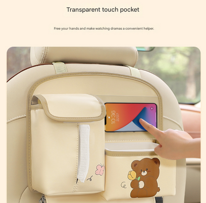 Pink Cute Bear Car Back Seat Organiser PU Leather Hanging Storage Pouch with Tissue Box Holder and Umbrella Strap Universal Travel Accessory - Image 3