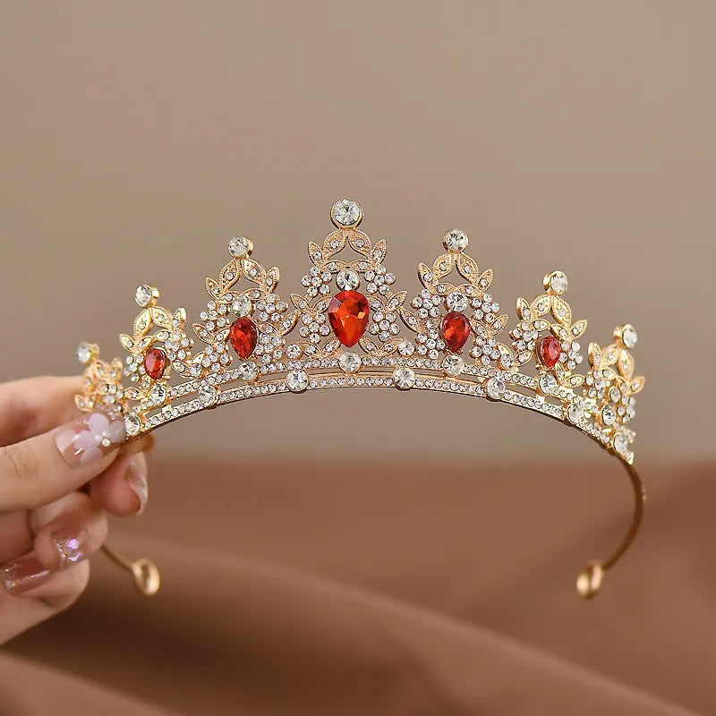 Golden-red Girls Princess Tiara Crown Crystal Rhinestone Headpiece 14cm Diameter for Birthday Party Dance Performance and Flower Girls Elegant Hair Accessory