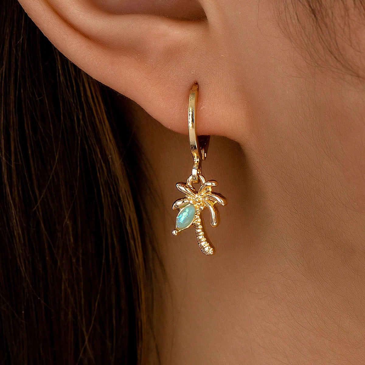 3 Pair Gold Tone Huggie Hoop Earrings Set Tropical Palm Tree Sea Turtle and Fish Charms Beach Holiday Jewellery for Women - Image 3