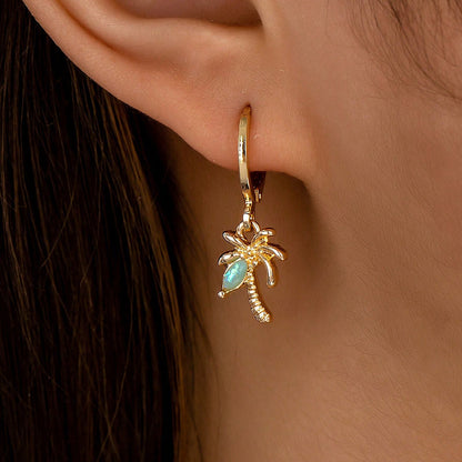3 Pair Gold Tone Huggie Hoop Earrings Set Tropical Palm Tree Sea Turtle and Fish Charms Beach Holiday Jewellery for Women - Image 3