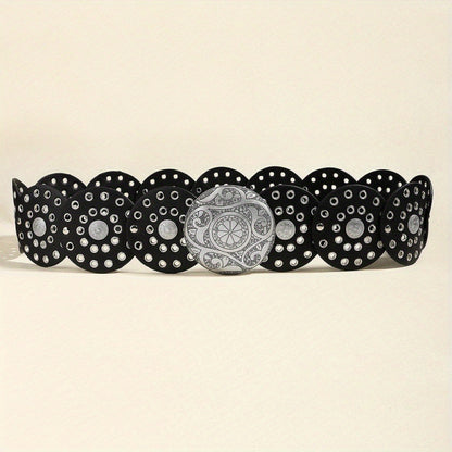 Women's Y2K Vintage Style Wide Waist Belt Black Faux Leather Disc Linked Grommet Studded with Engraved Western Buckle for Jeans and Festivals