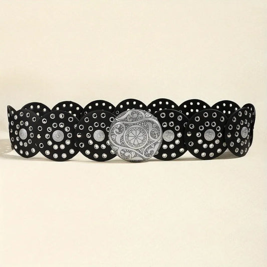 Women's Y2K Vintage Style Wide Waist Belt Black Faux Leather Disc Linked Grommet Studded with Engraved Western Buckle for Jeans and Festivals