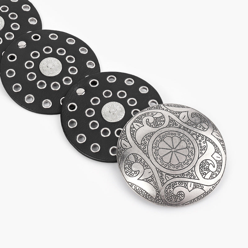 Women's Y2K Vintage Style Wide Waist Belt Black Faux Leather Disc Linked Grommet Studded with Engraved Western Buckle for Jeans and Festivals - Image 2