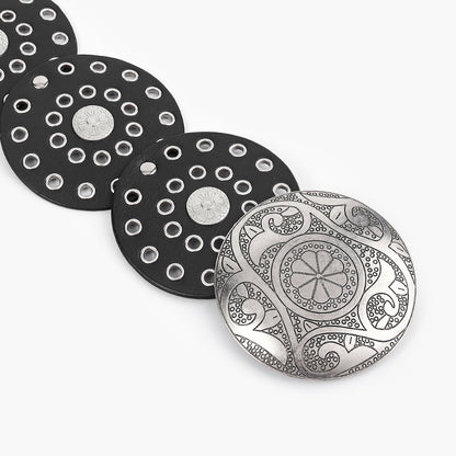 Women's Y2K Vintage Style Wide Waist Belt Black Faux Leather Disc Linked Grommet Studded with Engraved Western Buckle for Jeans and Festivals - Image 2