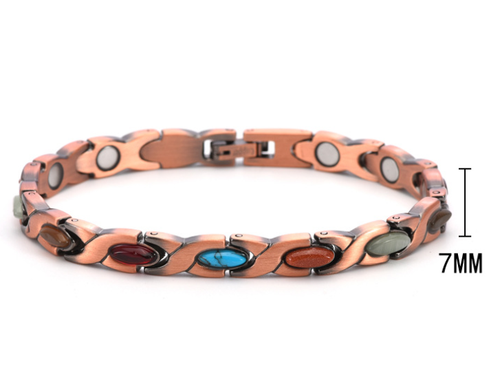 Vintage Copper Tone Magnetic Bracelet Unisex Fish Link Chain with Colourful Stones 19.5cm Bangle for Men and Women Jewellery Gift - Image 2