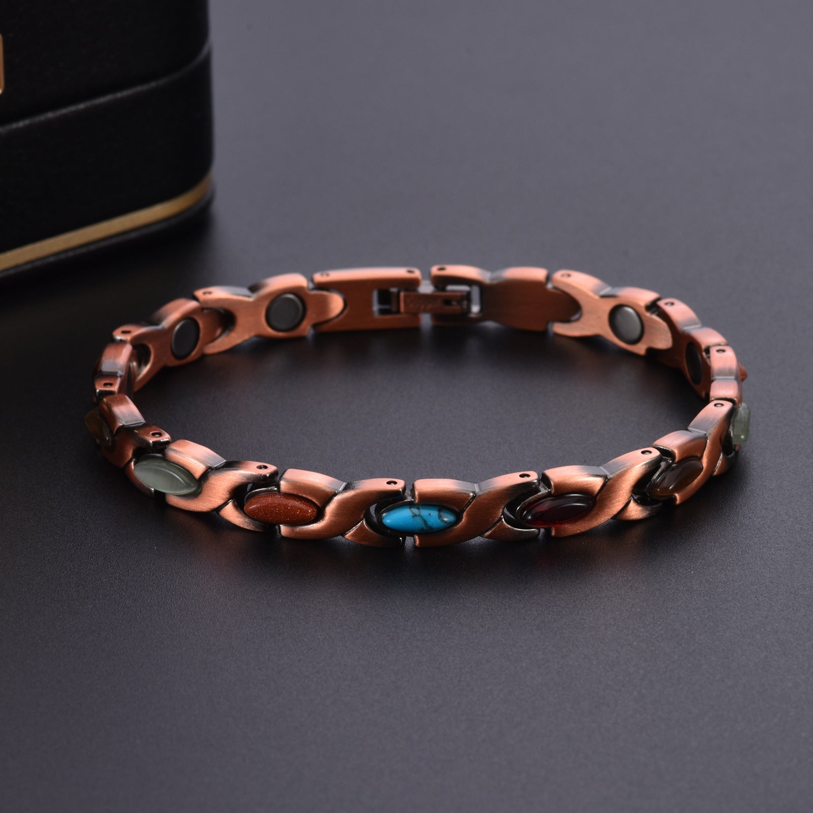 Vintage Copper Tone Magnetic Bracelet Unisex Fish Link Chain with Colourful Stones 19.5cm Bangle for Men and Women Jewellery Gift - Image 3