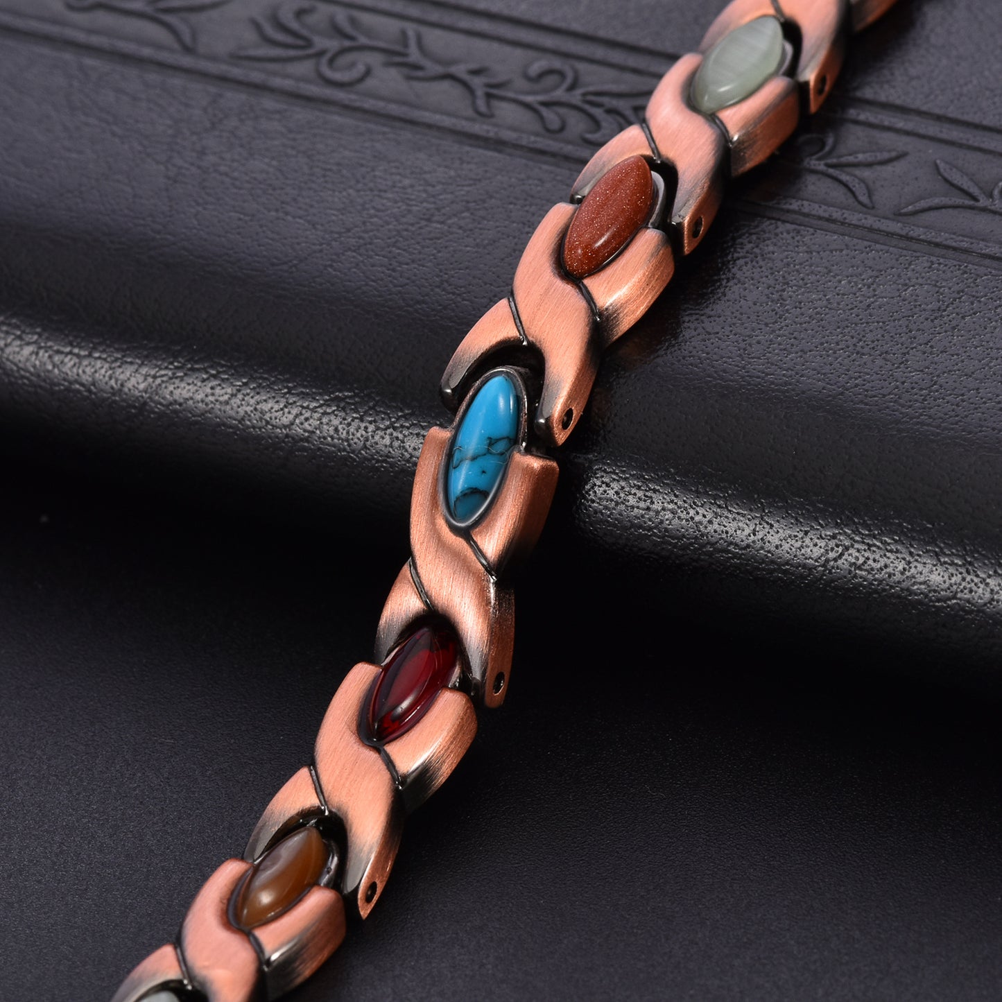 Vintage Copper Tone Magnetic Bracelet Unisex Fish Link Chain with Colourful Stones 19.5cm Bangle for Men and Women Jewellery Gift - Image 4