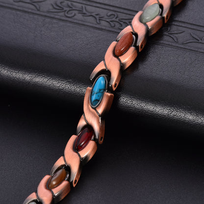Vintage Copper Tone Magnetic Bracelet Unisex Fish Link Chain with Colourful Stones 19.5cm Bangle for Men and Women Jewellery Gift - Image 4
