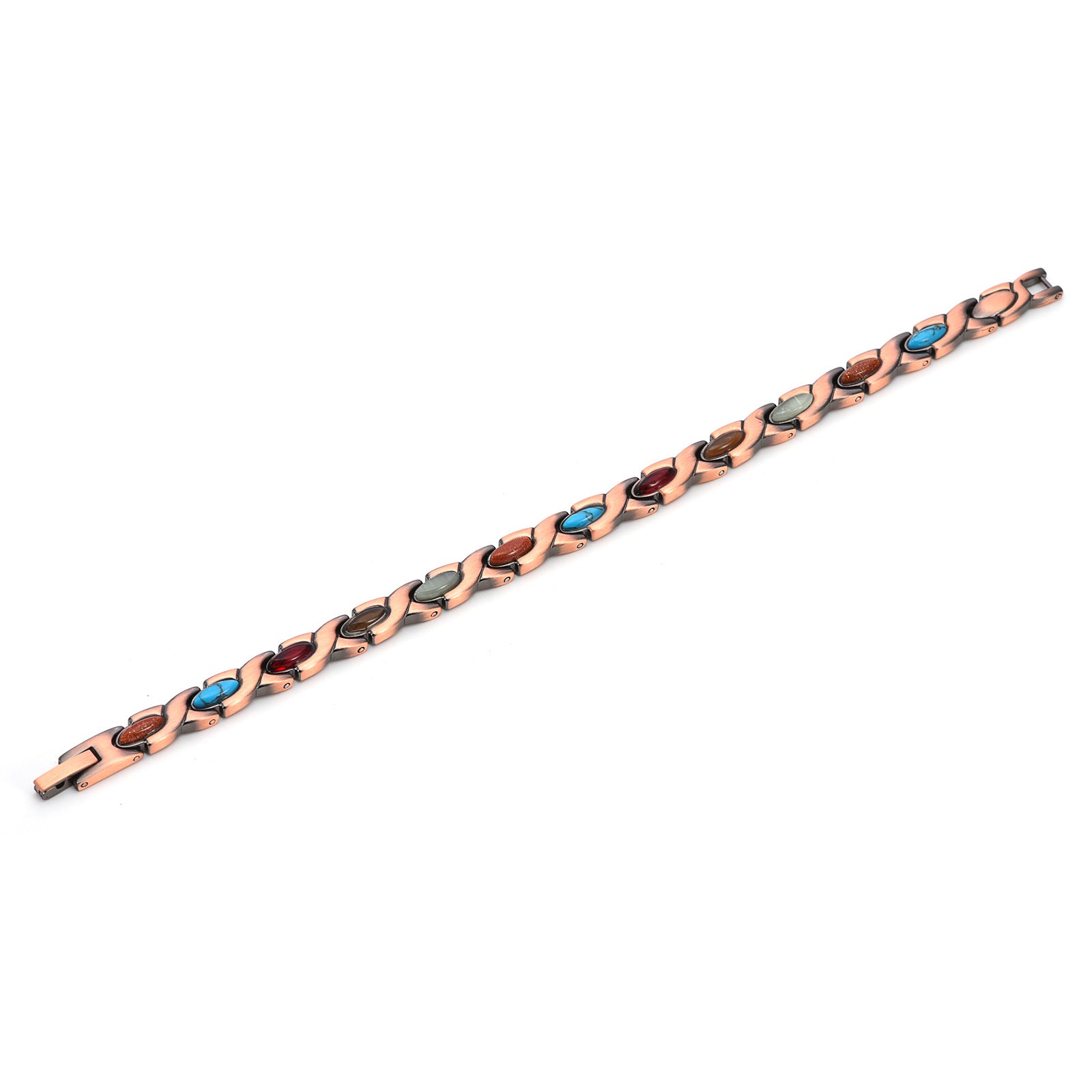 Vintage Copper Tone Magnetic Bracelet Unisex Fish Link Chain with Colourful Stones 19.5cm Bangle for Men and Women Jewellery Gift - Image 6
