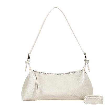 Beige Women's Metallic Silver Underarm Baguette Bag French Style PU Leather Shoulder Purse with Adjustable Crossbody Strap for Evening and Daily Use