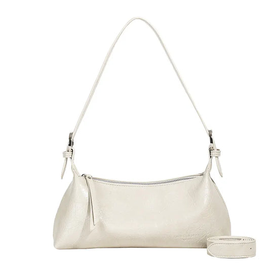 Beige Women's Metallic Silver Underarm Baguette Bag French Style PU Leather Shoulder Purse with Adjustable Crossbody Strap for Evening and Daily Use