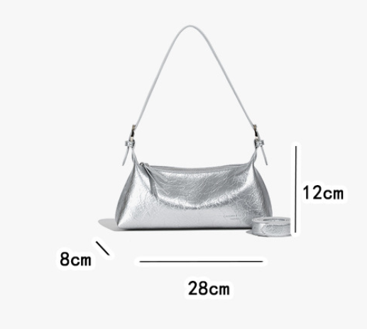 Beige Women's Metallic Silver Underarm Baguette Bag French Style PU Leather Shoulder Purse with Adjustable Crossbody Strap for Evening and Daily Use - Image 2