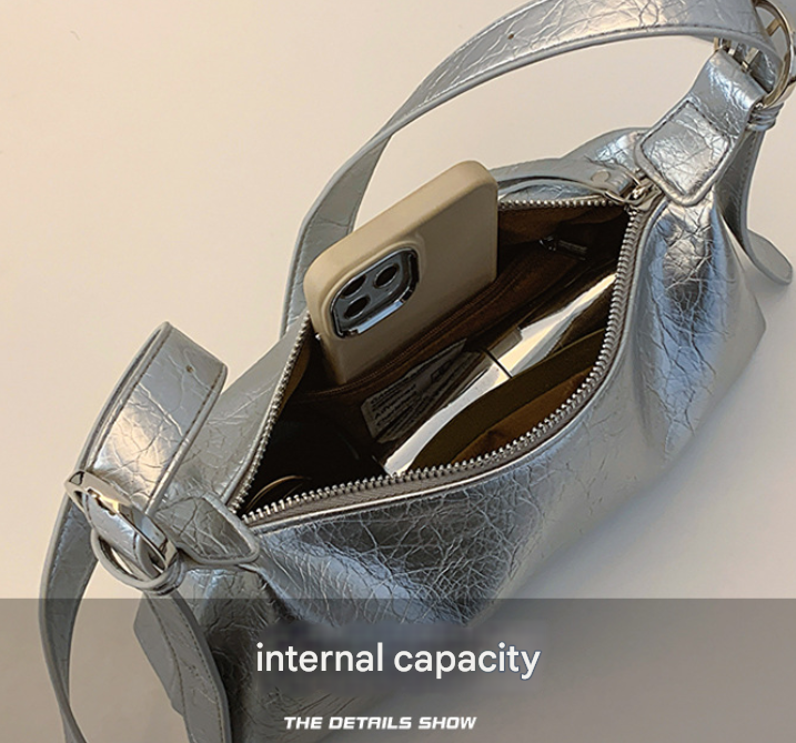 Beige Women's Metallic Silver Underarm Baguette Bag French Style PU Leather Shoulder Purse with Adjustable Crossbody Strap for Evening and Daily Use - Image 3