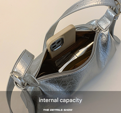 Beige Women's Metallic Silver Underarm Baguette Bag French Style PU Leather Shoulder Purse with Adjustable Crossbody Strap for Evening and Daily Use - Image 3