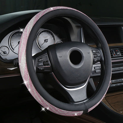 Pink-black Bling Crystal Steering Wheel Cover 38cm Universal Fit Rhinestone Car Accessories for Women - Non-Slip Diamond Protector for Standard 15 Inch Wheels