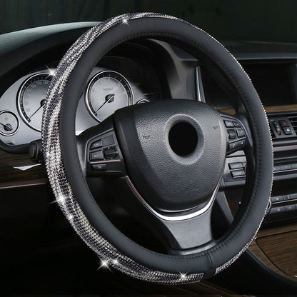 White-black Bling Crystal Steering Wheel Cover 38cm Universal Fit Rhinestone Car Accessories for Women - Non-Slip Diamond Protector for Standard 15 Inch Wheels