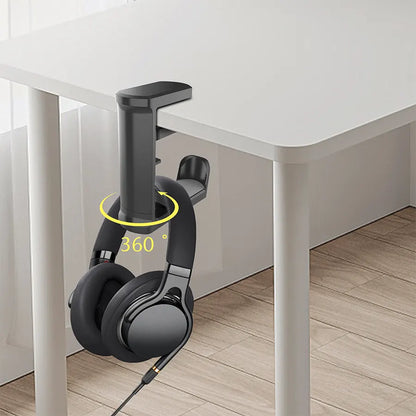 White Under Desk Headphone Hanger Clamp 360 Degree Rotating - Adjustable Headset Holder Hook with Cable Organiser for Home Office & Gaming Setup (Fits 1-5.5cm Desks) - Image 3