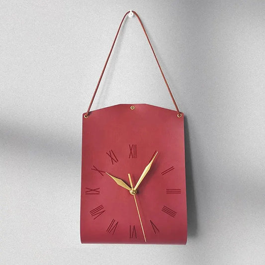 Red Nordic Style PU Leather Hanging Wall Clock Vintage Industrial Design with Roman Numerals Creative Art Timepiece for Cafe Living Room and Office