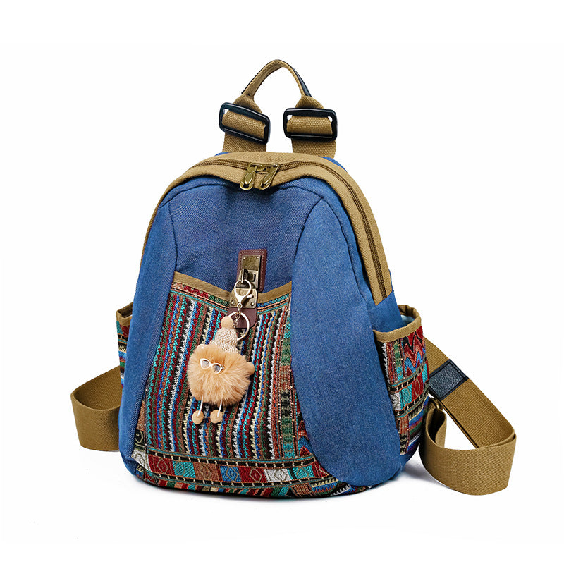 Vintage Denim Backpack with Boho Embroidery - Spacious Lightweight Daypack for Women - Casual Canvas Rucksack for Travel, School & Festivals (39cm Height)