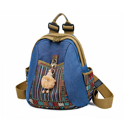 Vintage Denim Backpack with Boho Embroidery - Spacious Lightweight Daypack for Women - Casual Canvas Rucksack for Travel, School & Festivals (39cm Height)