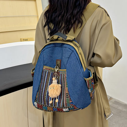 Vintage Denim Backpack with Boho Embroidery - Spacious Lightweight Daypack for Women - Casual Canvas Rucksack for Travel, School & Festivals (39cm Height) - Image 4