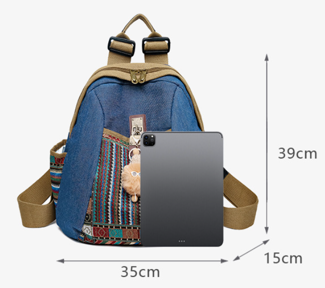Vintage Denim Backpack with Boho Embroidery - Spacious Lightweight Daypack for Women - Casual Canvas Rucksack for Travel, School & Festivals (39cm Height) - Image 5