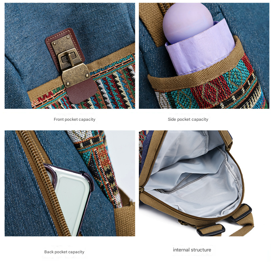 Vintage Denim Backpack with Boho Embroidery - Spacious Lightweight Daypack for Women - Casual Canvas Rucksack for Travel, School & Festivals (39cm Height) - Image 6
