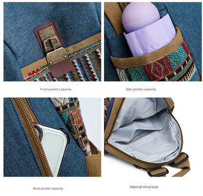 Vintage Denim Backpack with Boho Embroidery - Spacious Lightweight Daypack for Women - Casual Canvas Rucksack for Travel, School & Festivals (39cm Height) - Image 6