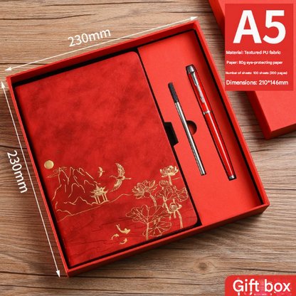 Black A5 Premium Notebook Gift Set with Pen - Red PU Leather Journal with Gold Oriental Art - 200 Pages Business Diary & Corporate Gift Box (Lotus & Crane Design) - Image 3