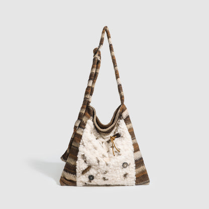 Women's Fur Splicing Large Tote Bag Wool Knit Shoulder Crossbody Bag for Casual Commute 40x36cm