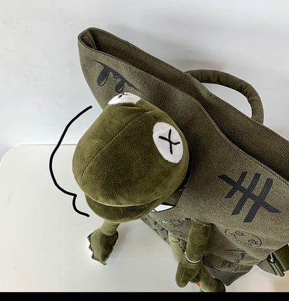 Coffee-brown 3D Frog Graffiti Canvas Backpack Large Capacity 37x40cm School Bag for Students and Uni Students - Creative Aesthetic Rucksack - Image 2