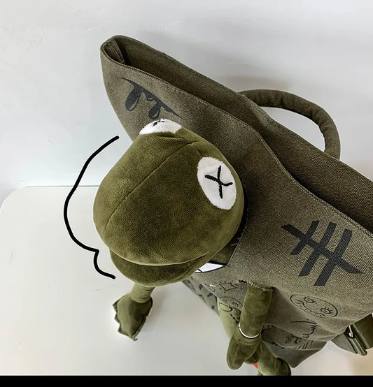 Coffee-brown 3D Frog Graffiti Canvas Backpack Large Capacity 37x40cm School Bag for Students and Uni Students - Creative Aesthetic Rucksack - Image 2