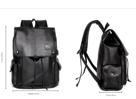 Black Men's Fashion PU Leather Backpack - Large Capacity 42cm Laptop Rucksack for University, Travel and Casual Business Use - Image 2