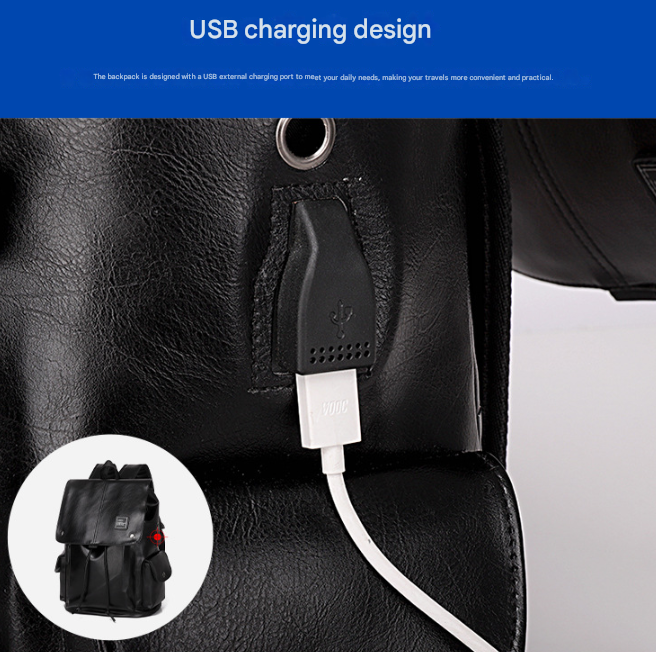 Black Men's Fashion PU Leather Backpack - Large Capacity 42cm Laptop Rucksack for University, Travel and Casual Business Use - Image 4
