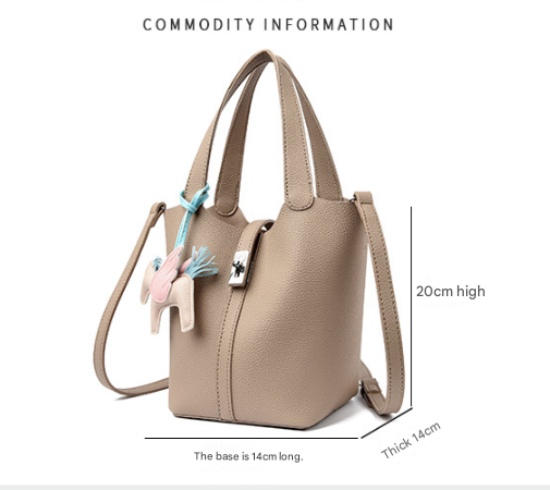 Brown Women's Small PU Leather Bucket Bag with Secure Lock and Horse Charm - 20cm Compact Crossbody Handbag for Everyday Use - Image 2
