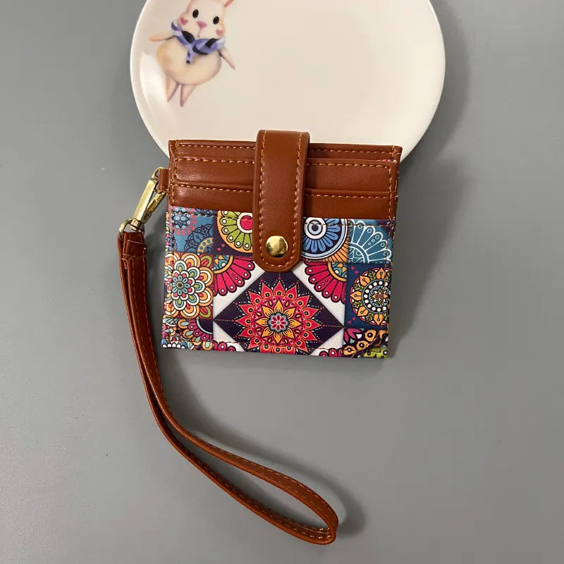 Colorful Ethnic Mandala Pattern PU Leather Mini Card Holder with Wrist Strap and Buckle - Slim High-End Multi-Slot Card Sleeve for Daily Use