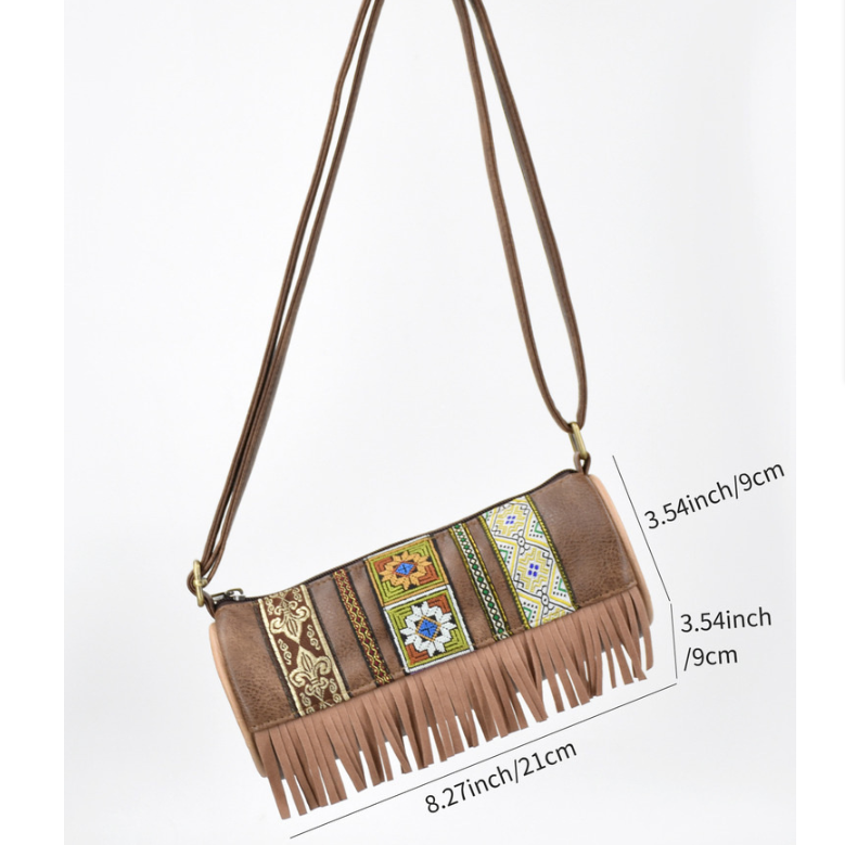 Boho Ethnic PU Leather Cylindrical Crossbody Bag with Embroidery and Fringe - 21cm Vintage Retro Drum Bag for Daily Use - Image 2