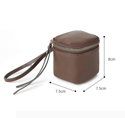 Coffee 2 Pack Mini PU Leather Cube Cosmetic Bag - Portable Travel Pouch for Lipstick, Coins and Jewelry - Compact Storage with Wrist Strap 8x7.5cm - Image 2