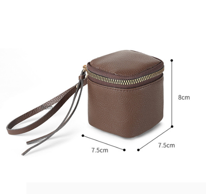 Coffee 2 Pack Mini PU Leather Cube Cosmetic Bag - Portable Travel Pouch for Lipstick, Coins and Jewelry - Compact Storage with Wrist Strap 8x7.5cm - Image 2