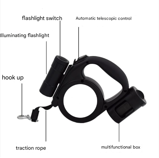 Green 3-in-1 Retractable Dog Leash with LED Flashlight and Waste Bag Dispenser 5m Nylon Lead for Dogs up to 20kg Essential Pet Walking Gear - Image 2